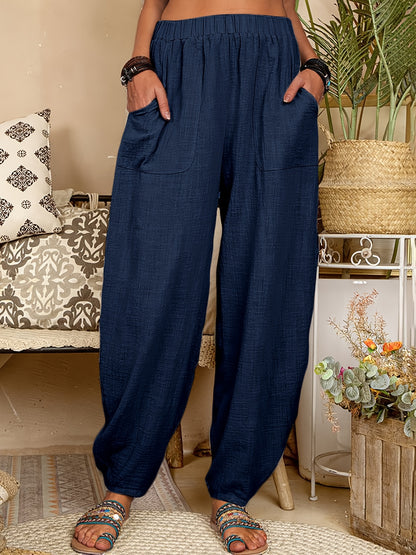 Polyester harem pants with elastic waist, pockets, and machine washable. Suitable for all seasons and plus size.