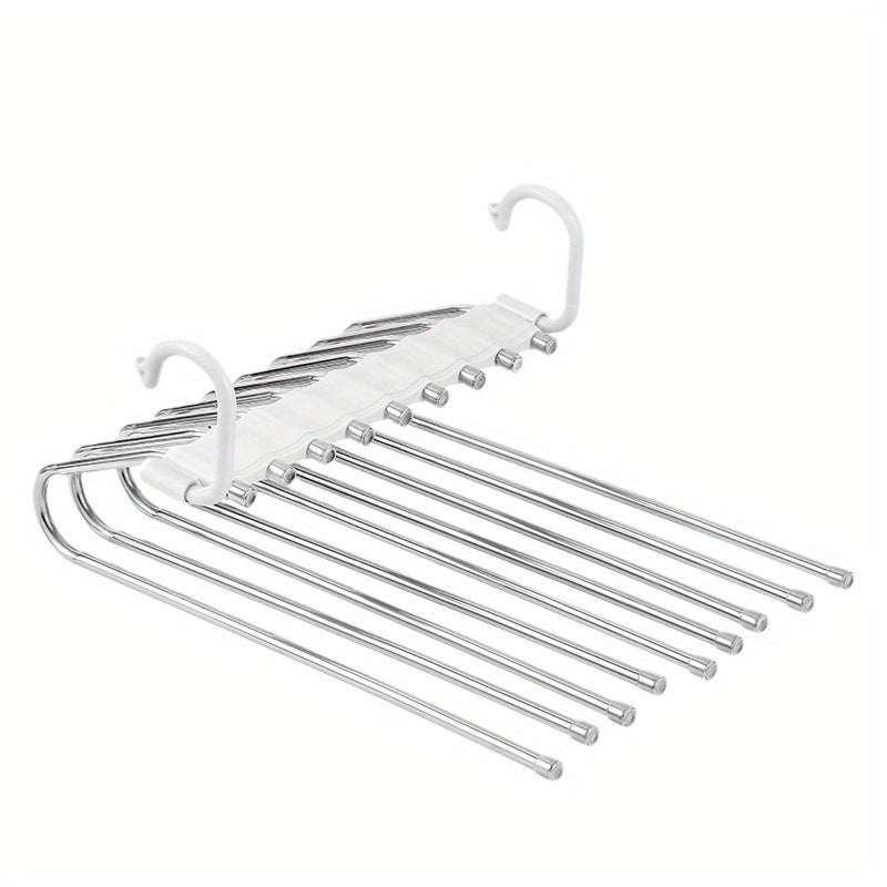 This multi-functional trouser hanger is made of stainless steel and can fold for convenient storage. It features multiple layers for organizing trousers and is a seamless addition to any wardrobe for efficient storage.