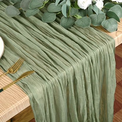 Boho table runner made of pleated polyester gauze, perfect for rustic or wedding decor. Ideal for holiday parties or showers.