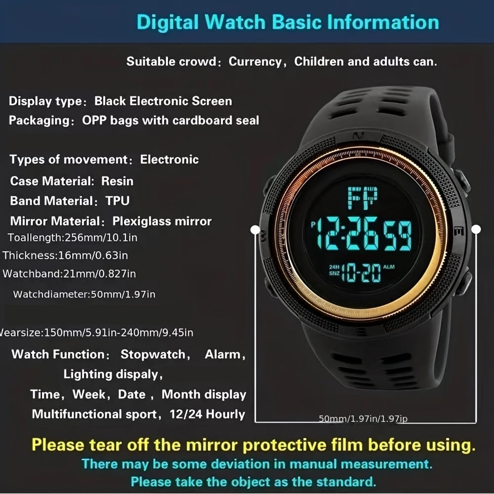 Modern Men's Digital Watch featuring LED Night Light, Alarm, and Stopwatch - Tough Rubber Case, Silicone Band, Ideal for Outdoor Activities and Trendy Teenagers