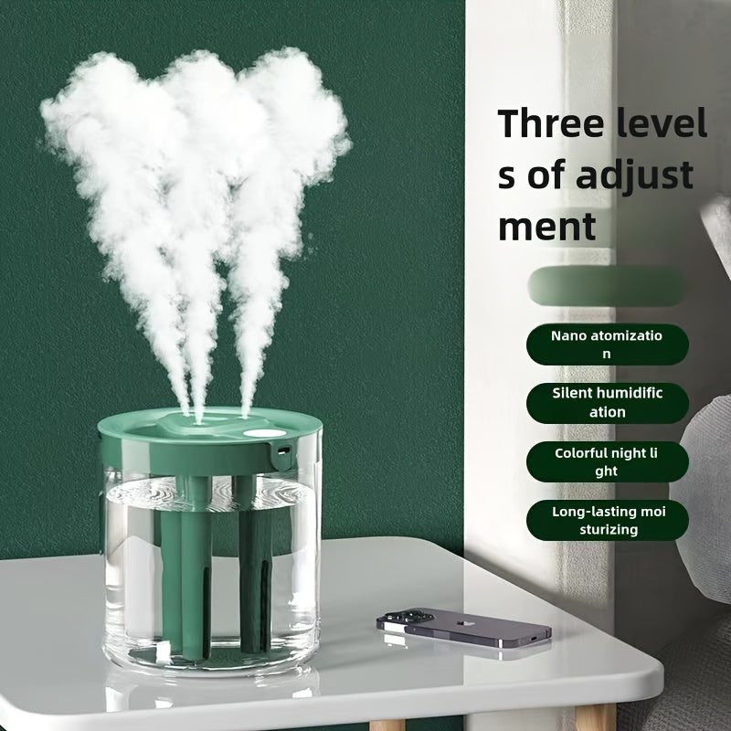 USB-powered humidifier with triple jet technology, 3-speed mist, and warm night light - ideal for home, office, and dorms.