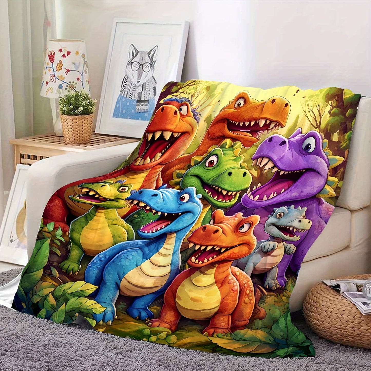 High-definition digital print flannel throw blanket featuring adorable smiling dinosaurs, with a contemporary animal theme. Perfect for all seasons, this cozy knitted thermo-regulating cover is made of 100% polyester lightweight fabric. Ideal for napping