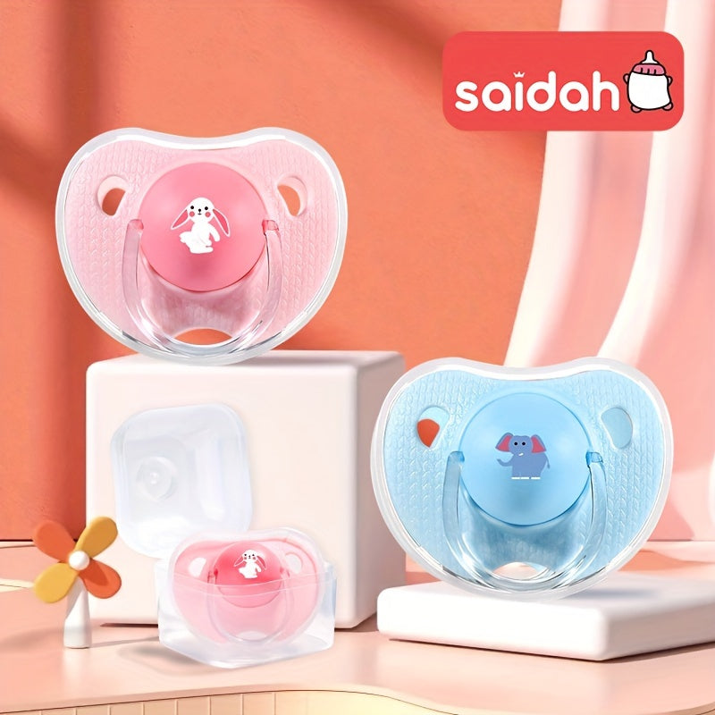 Silicone pacifier for newborn babies designed in a cartoon pattern of a thumb shape, suitable for soothing toddlers, with a PP storage box included.