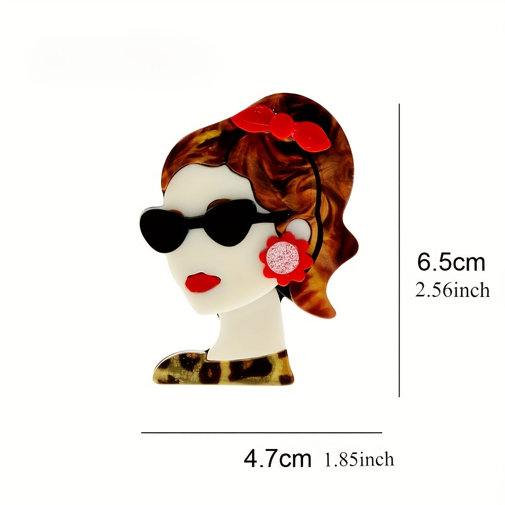 Stylish Acrylic Ponytail Girl Brooch with Glasses and Earrings Design, Fashionable Accessory for Clothing and Bags