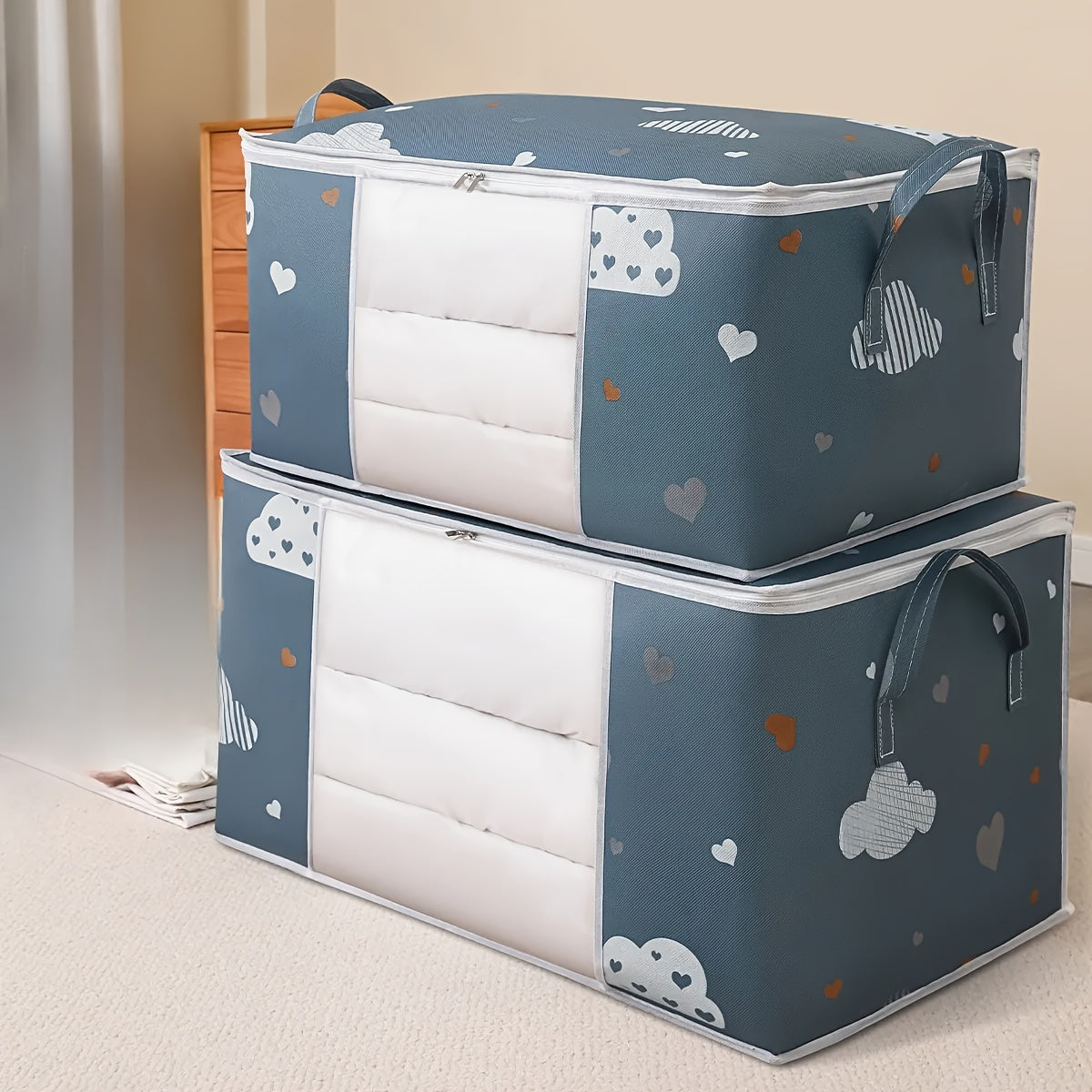 Extra Large Capacity Storage Bag 
- Features a clear window
- Made of durable fabric
- Moisture-proof
- Foldable design for easy storage
- Can be used as a clothes or quilt organizer
- Reinforced handles for added strength
- Helps keep your home wardrobe