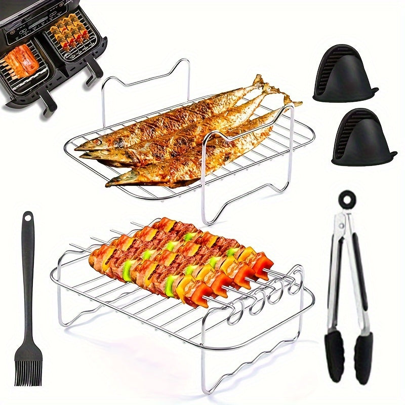 2 sets or 6 pieces of Stainless Steel Double-Layer Air Fryer Rack that can be used for various purposes, compatible with Ninja Air Fryer AF300/400/451UK, Towert17088...... Also includes 1 silicone food clip, 1 silicone oil brush, and 2 silicone gloves as