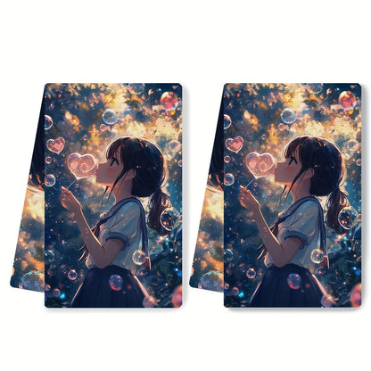 This set includes two ultra-soft kitchen towels adorned with a cute anime girl blowing heart-shaped bubbles with a bubble wand. The bubbles envelop her, adding a whimsical touch to the design. These dish towels are highly absorbent, ideal for holiday