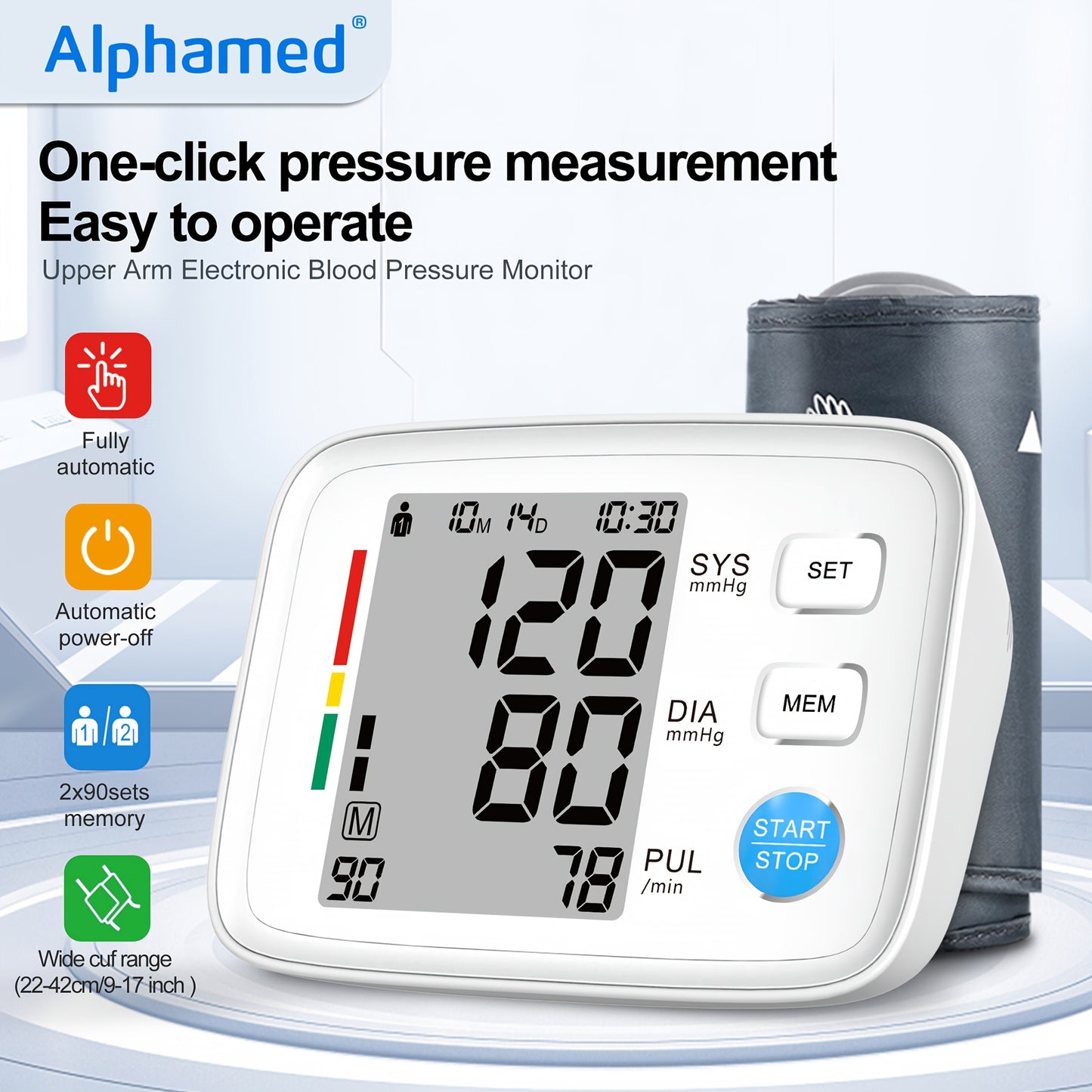 Blood pressure monitor with automatic upper arm cuff, suitable for 22.1-43.18 cm arms.