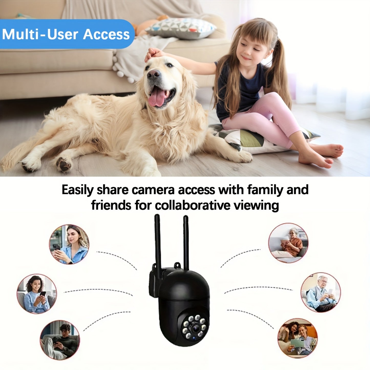 WiFi security camera with HD 1080P, night vision, app control, two-way audio, motion alerts, and 355° panoramic views. USB powered for indoor use.