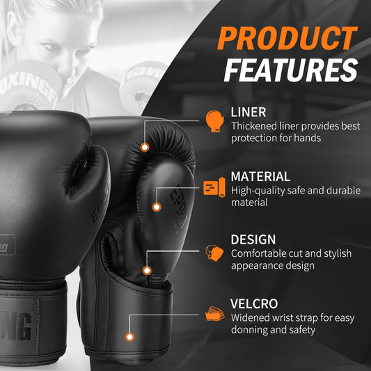 Boxing gloves in 10, 12, 14, and 16 oz made of faux leather for various combat sports training.