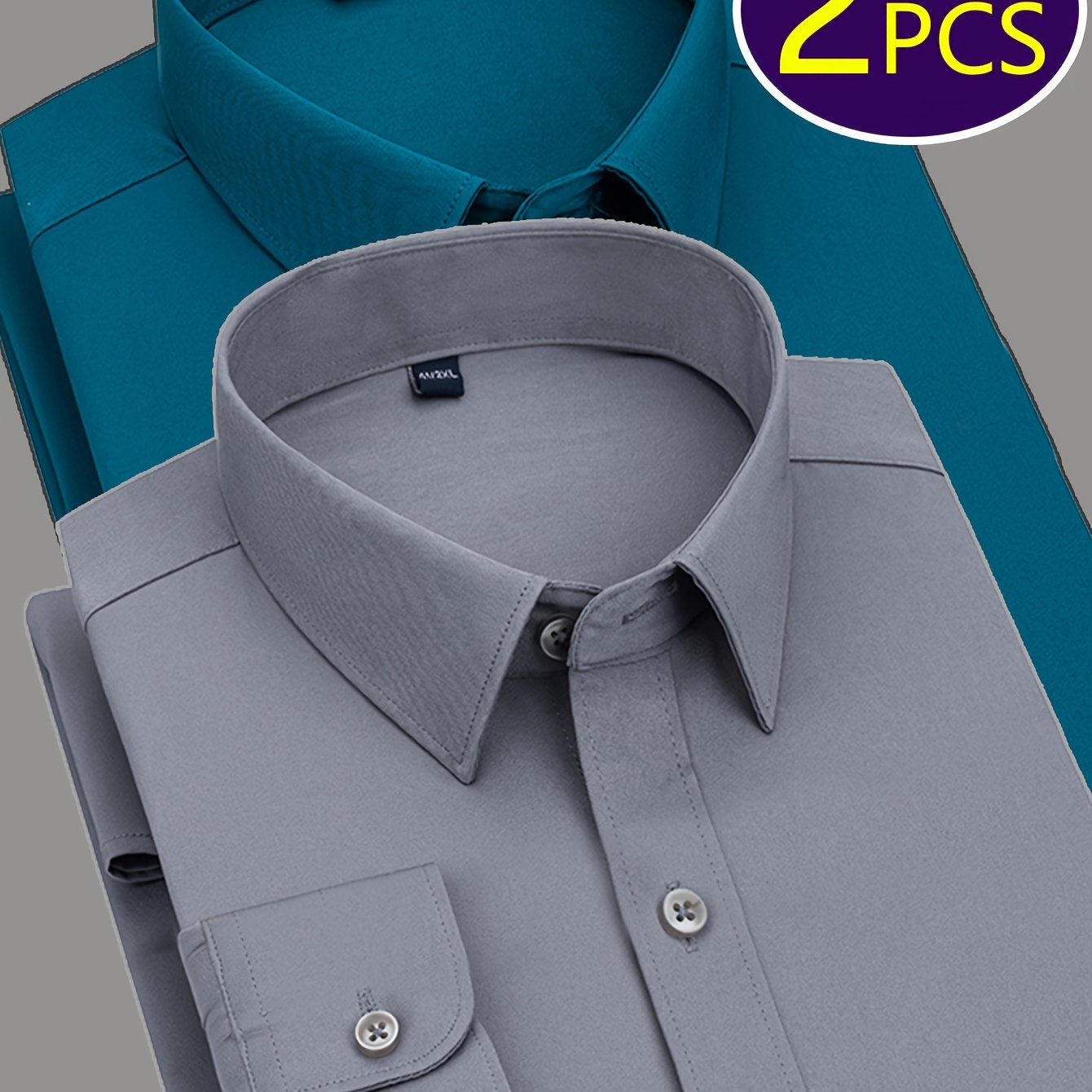 2 Men's work style polyester dress shirts in solid colors, regular fit with button details and lapel collar.