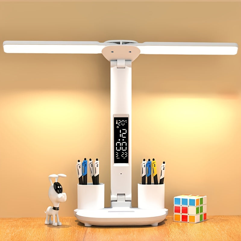 LED desk lamp with eye protection, foldable design, time display, and various functions for use in student dormitories, bedrooms, and workspaces.