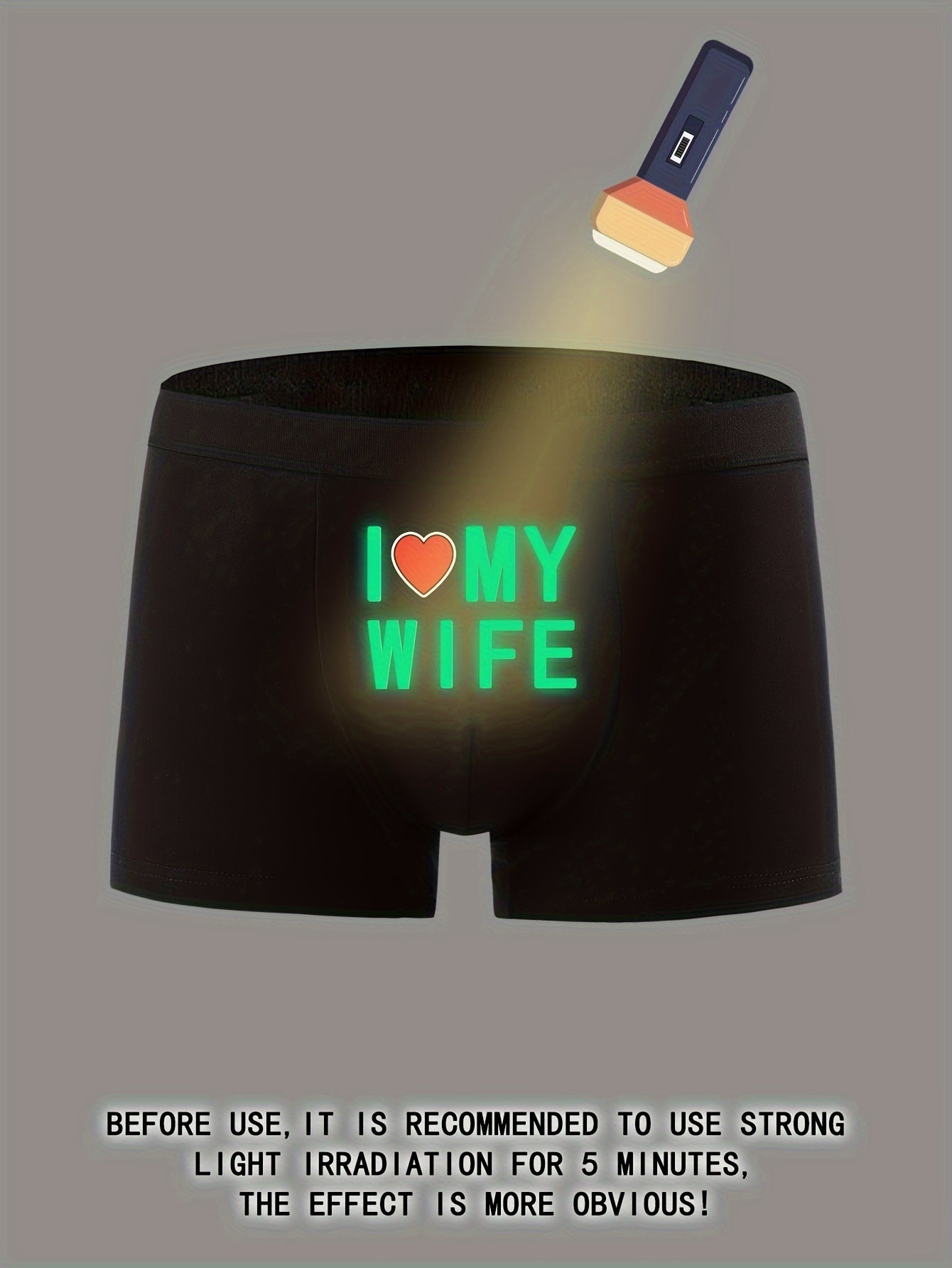 Men's 'I Love My Wife' glow-in-the-dark boxing shorts in a single pack. Soft, durable, and skin-friendly novelty underwear made from knitted fabric, perfect as a stylish and romantic