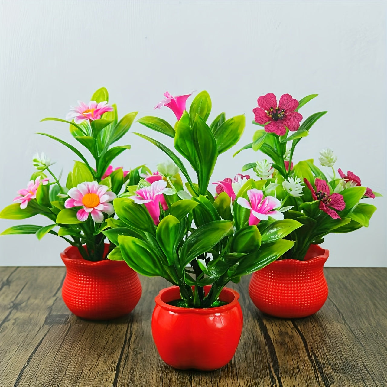 3 mini artificial potted plants with vibrant red pots - perfect for home, office, kitchen, and special occasions.