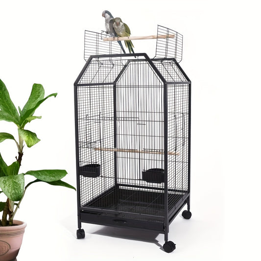 Metal bird cage for small to medium parrots, ideal for home and pet use, includes perch, feeder, water cup, and window.