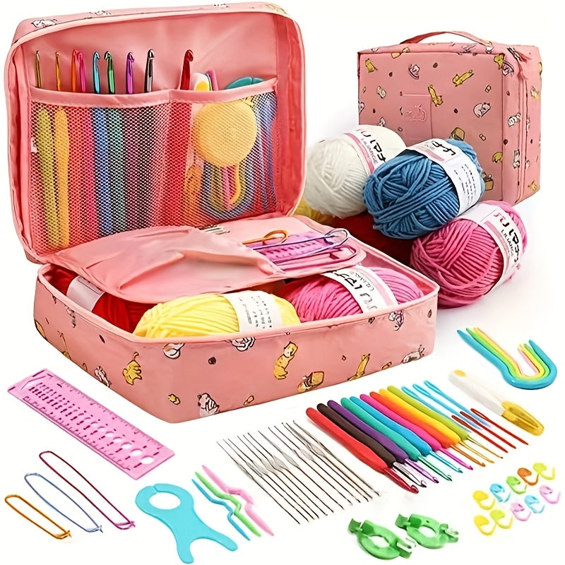 Beginner crochet kit with yarn, hooks, and storage bag in vibrant colors (royal blue/pink/purple) - all-season crafting set.