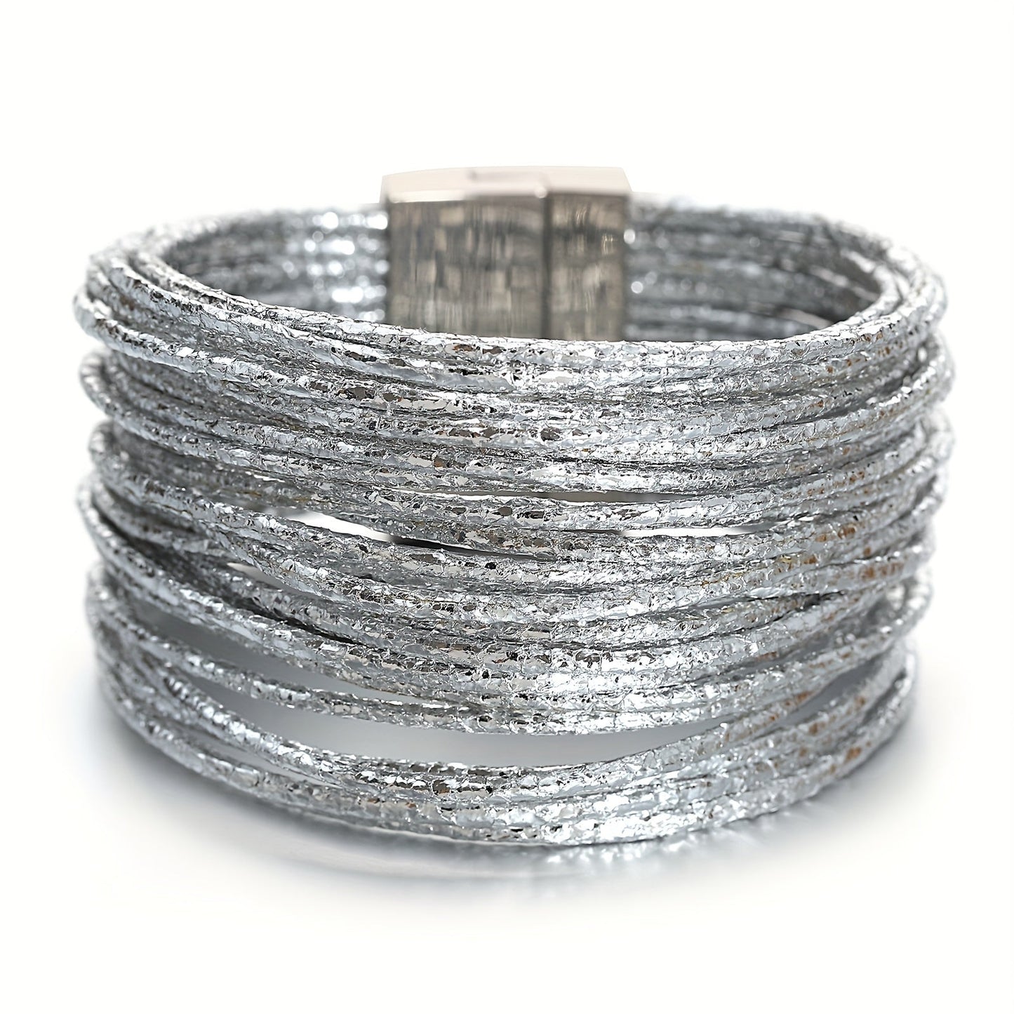 This Multilayer Wrap Bracelet features Slim Stripes and Metallic Shiny Glitter Leather, with a Magnetic Clasp that makes it easy to put on and take off. Perfect for Men and Women, this Bracelet is great for Holiday Parties and makes a unique Birthday