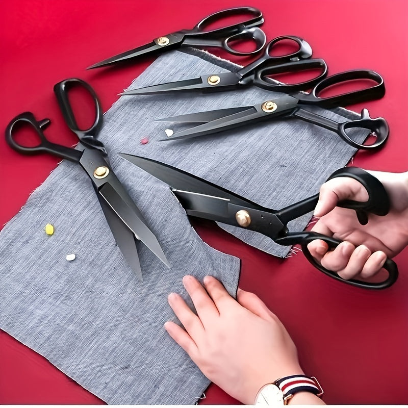 Tailor's Scissors made of high carbon steel with razor blade for fabric cutting. Features right-handed design with ergonomic black handles, ideal for precision cutting in crafting, sewing