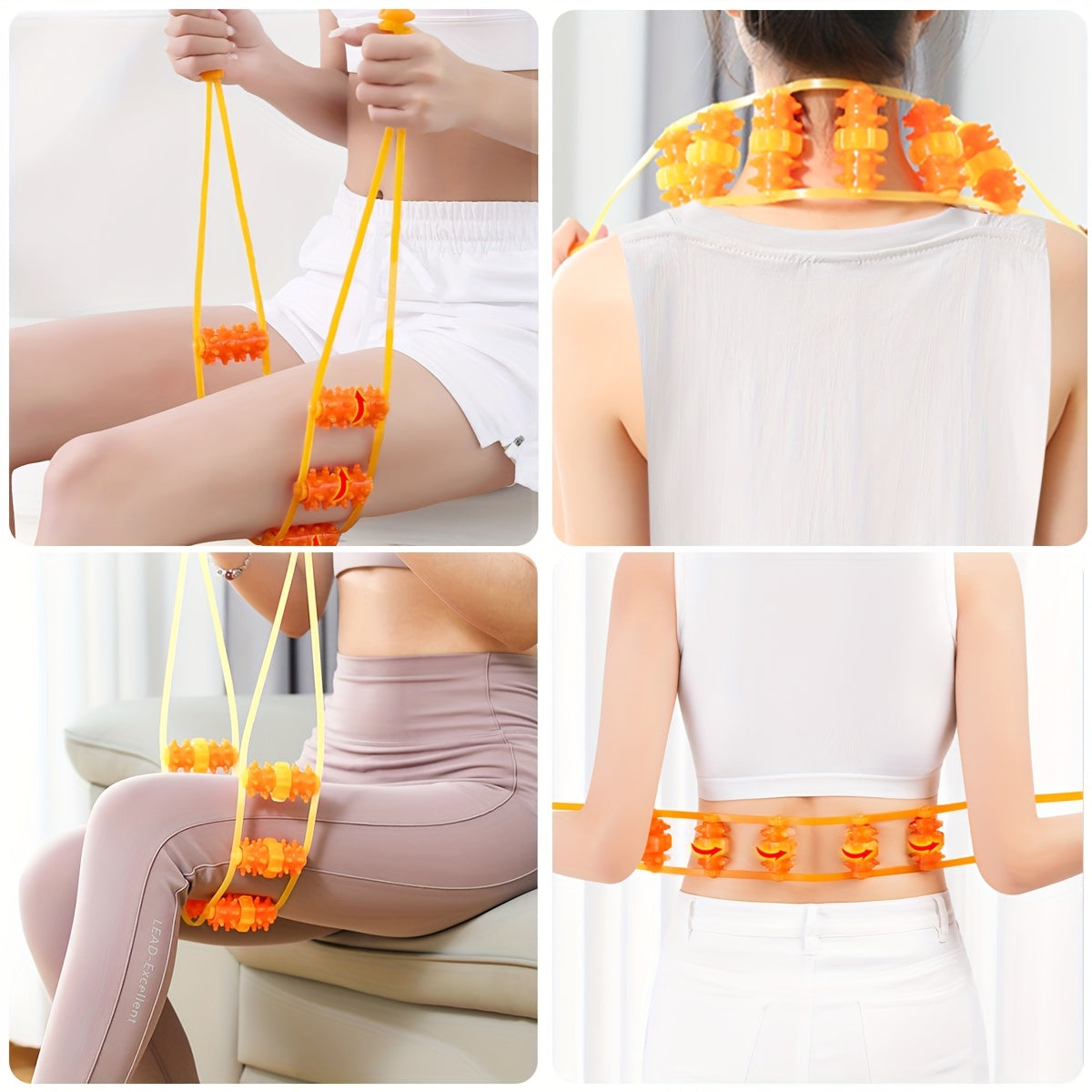 Portable back massage roller rope for travel, office, sports, and home use. Durable plastic with adjustable straps and textured rollers for neck and back massages.