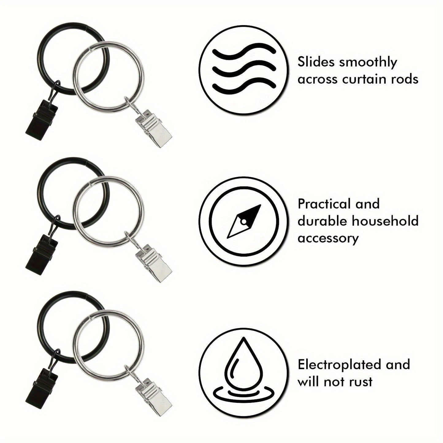 Set of 12 Stainless Steel Curtain Rings with Clips - Strong, Simple to Set Up, Modern Decorative Drapery Rings for Lasting Protection Against Rust