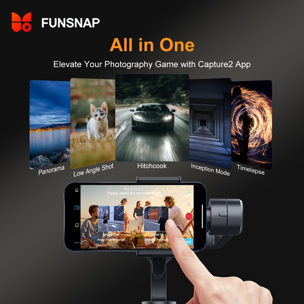 Funsnap Capture 2S Pro Gimbal Stabilizer for smartphones offers auto-tracking, USB rechargeable, and wireless charging for both iPhone and Android devices.