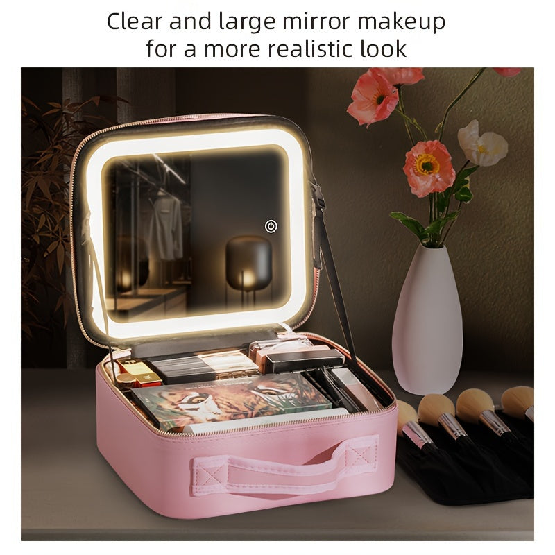 LED Travel Makeup Bag with Mirror, Adjustable Dividers, and 3 Color Settings, Organizer for Women's Beauty Tools