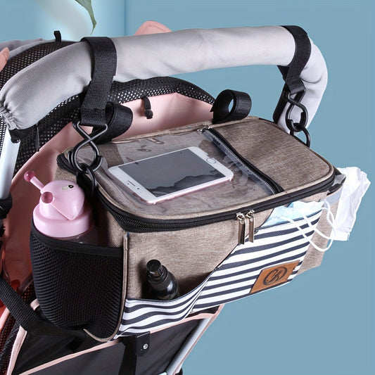 This stroller organizer bag comes with a cup holder, non-slip strap, and touch screen phone pocket. It has a large capacity and can store bottles, mobile phones, and diapers.