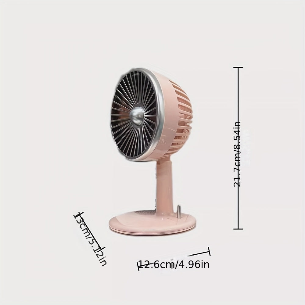 Get this essential Retro Pink USB Rechargeable Desktop Standing Fan, designed to be silent with three wind speed settings. This compact mini table fan is 90° adjustable and foldable, making it perfect for your home office.