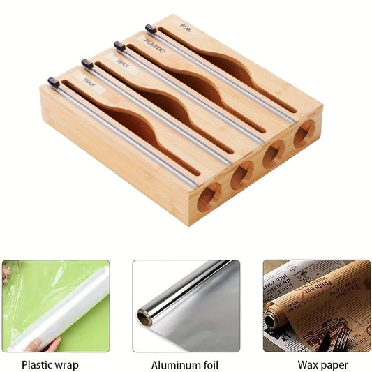 Bamboo Kitchen Wrap Organizer - Eco-Friendly Storage Box for Plastic Wrap, Aluminum Foil, Wax Paper - Manual Cutter, Non-Electric, Food-Safe