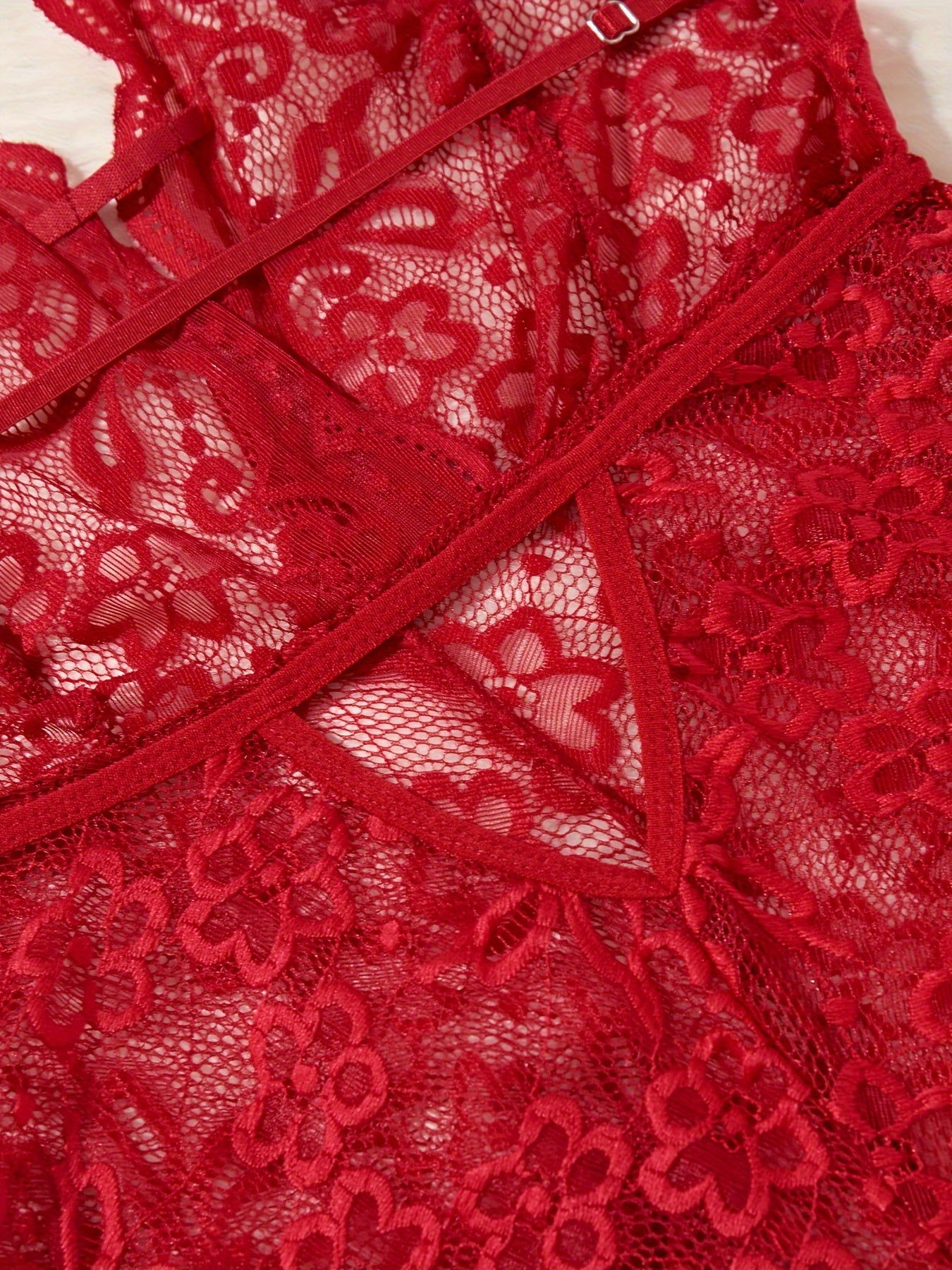 Solid red lace teddy with open crotch, halter backless design - women's sexy lingerie.