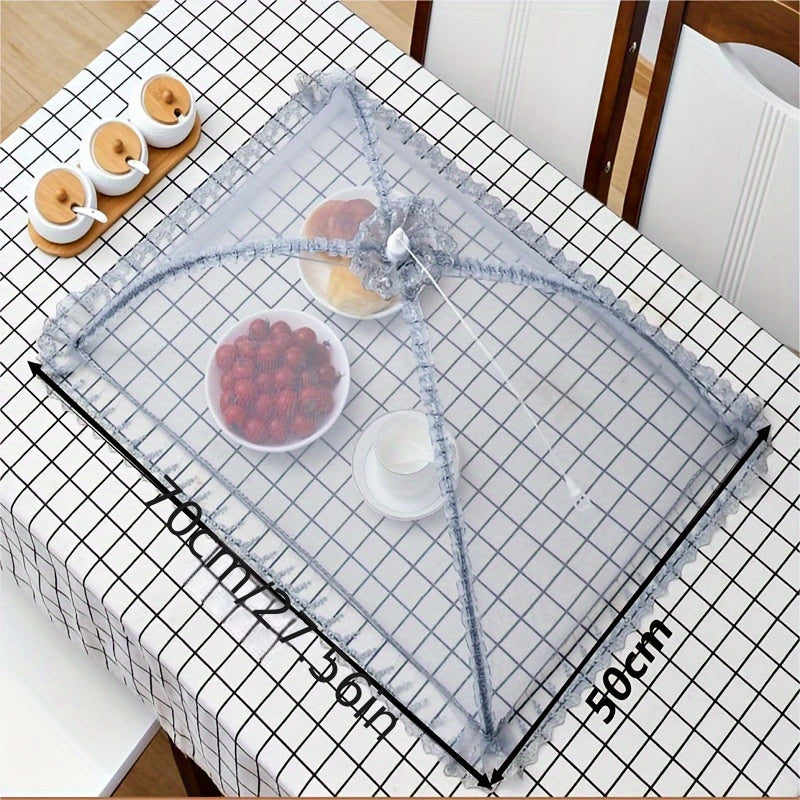 Foldable dish cover for fly-proof protection of food indoors and outdoors. Great for home kitchens, outdoor parties, picnics, and barbecues. Suitable for covering vegetables and leftovers.