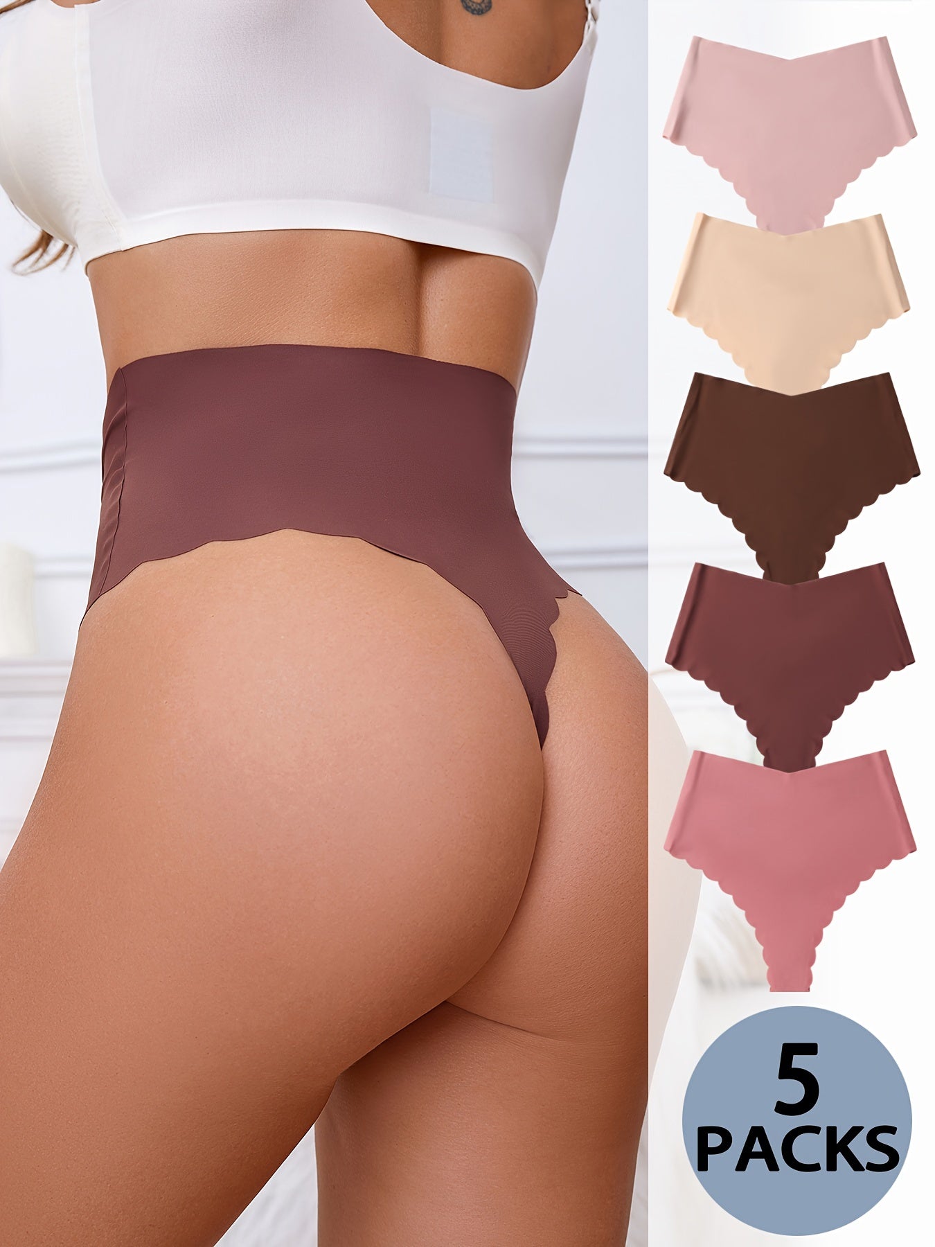 5 Scallop Trim Thongs - Seamless and Comfortable Intimates for Women's Lingerie