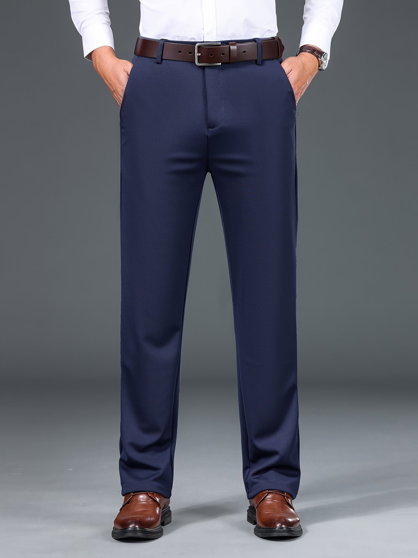 Men's solid color straight leg pants suitable for both business and casual wear.