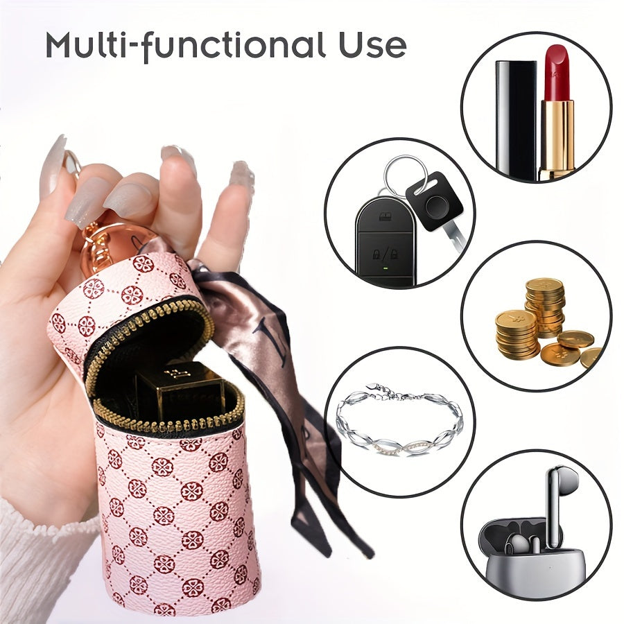 Stylish Faux Leather Lipstick Holder Keychain with Ring - Sophisticated Women's Accessory, Retro Geometric Design, Ideal Valentine's Day Present, Decorative Addition for Handbags, Available in 1 or 2 Pieces