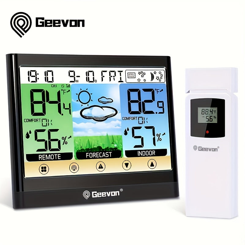 GEEVON Wireless Temperature Humidity Meter with Dew Point, Heat Index, Touch LCD display, Alarm, Adjustable Backlight, RFID function, and AC power supply. Made of ABS material.