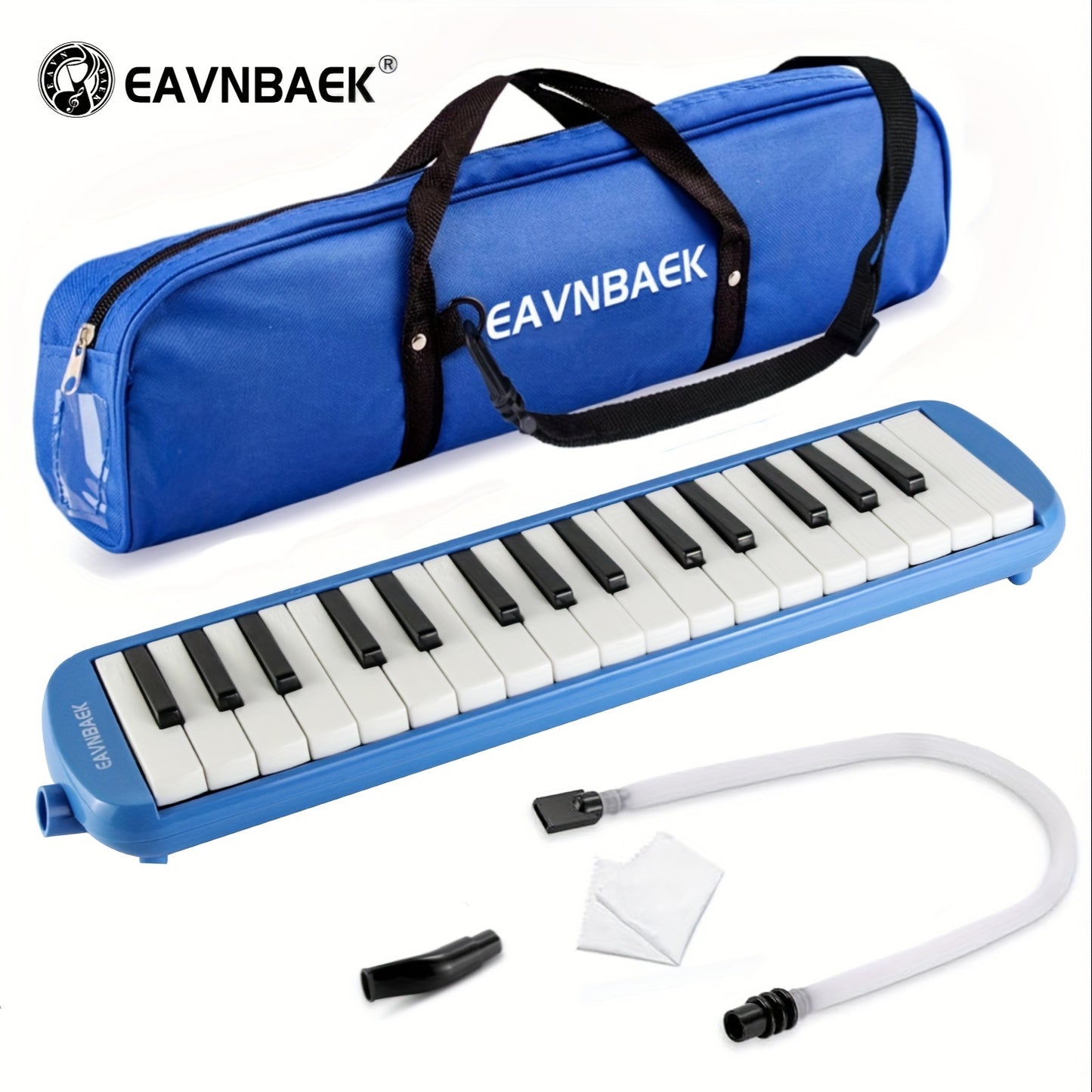 32-Key Soprano Melodica Air Piano Keyboard Pianica with Soft Long Tube & Short Mouthpiece, Durable ABS Material, Includes Carrying Bag - Black, Blue, Pink options.