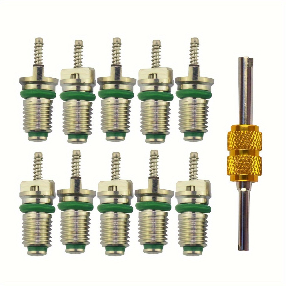 Maintenance kit for automotive air conditioners, featuring a set of 10 high-pressure green valve cores made of brass. Includes dual-headed replacements, no electricity needed.