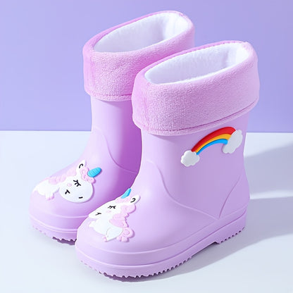 2024 Upgraded Youngsters' Plush Rain Boots - Unicorn & Rainbow Design with Warm Fleece Lining, Durable PVC, Slip-On for Boys & Girls - Ideal for Outdoor Adventures, All-Season Wear