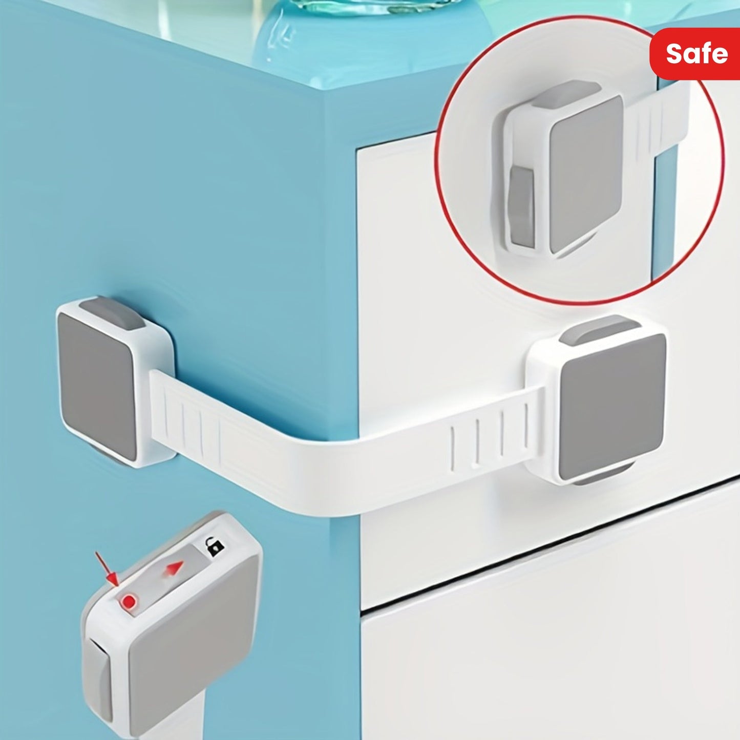 Set of 4 Gray Safety Strap Locks for securing fridge, drawers, oven, cabinets, toilet, dishwasher without the need for drilling. Features adhesive for easy installation.