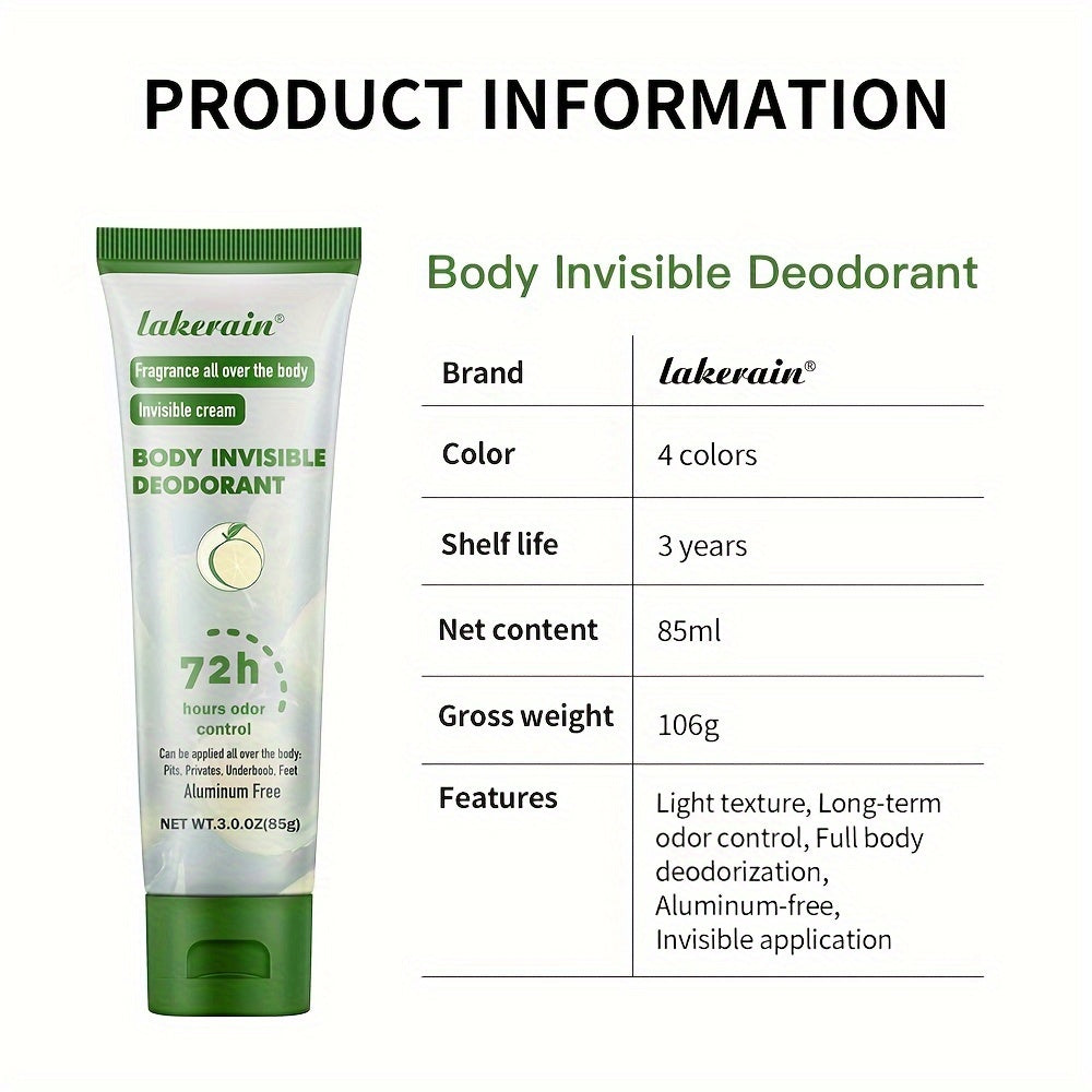 Lakerain Body Invisible Full Body Fragrance, 72H Odor Aluminum Free, 3.0Oz (85G)