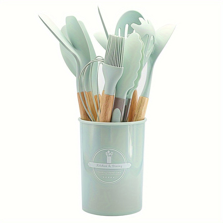 Set of 11/12 pieces Kitchenware with Wooden Handles, including Silicone Non-stick Pot, Cooking Shovel, Spoon, Storage Bucket, and Non-stick Shovel. An essential collection of high-quality kitchen utensils and items.