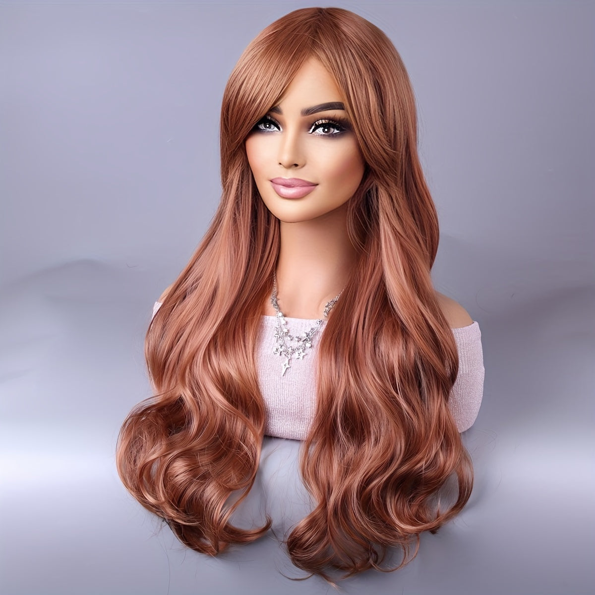 Reddish brown curly wig with bangs for women made from synthetic heat resistant fiber for daily use, parties, and cosplay.