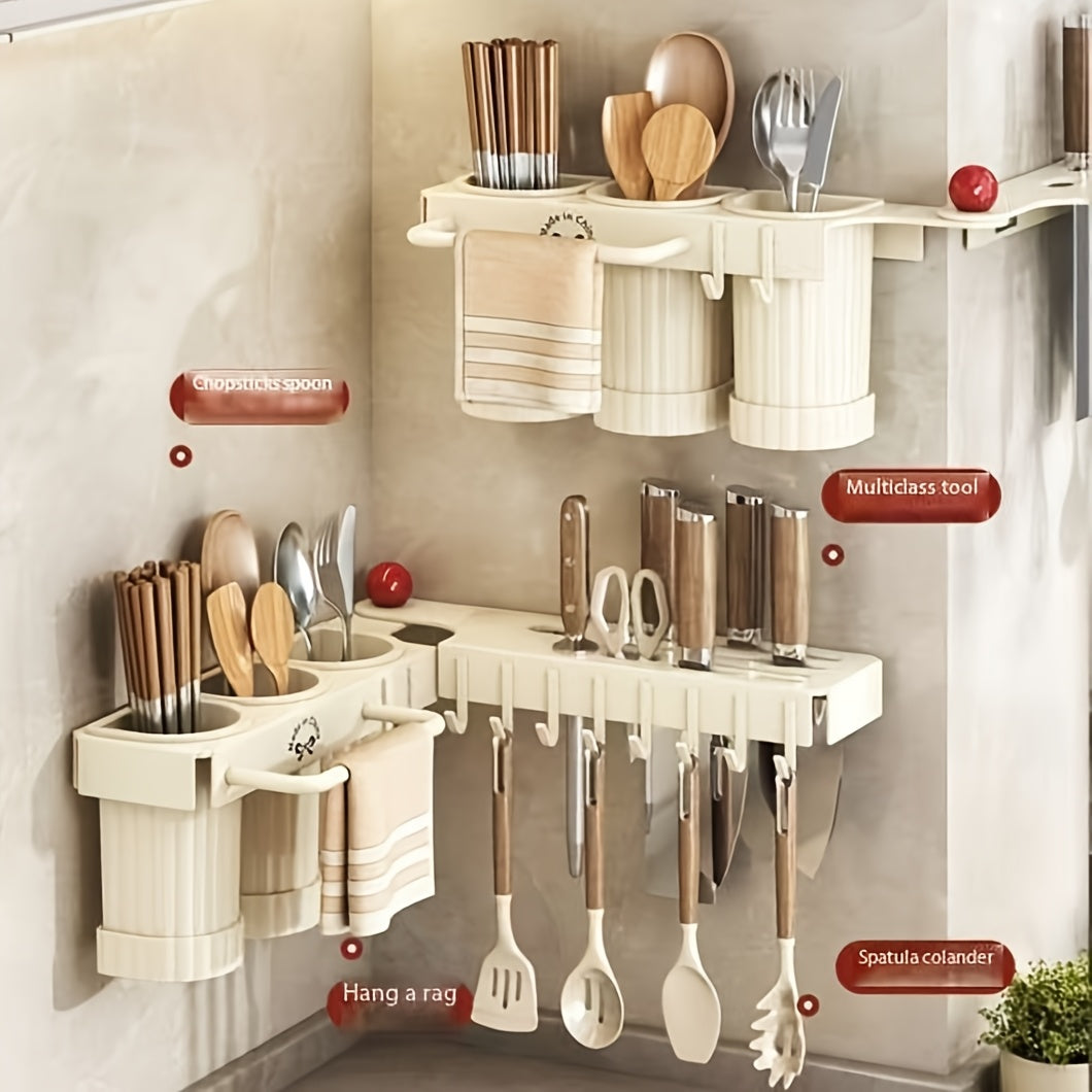 Luxurious Foldable Corner Kitchen Utensil Holder, Upgraded Design with Carbon Steel Material, Wall-Mounted Organizer for Cutlery and Spoons. Includes Drain Storage Cups and Towel Bar, No-Drill Installation option available.