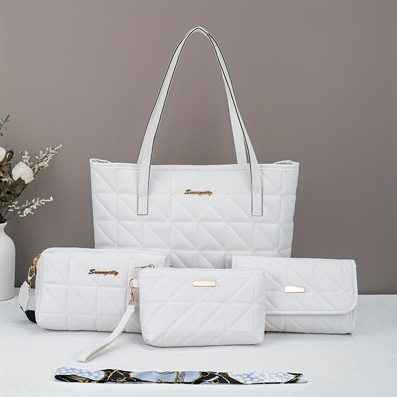 Fashionable, lightweight four-piece set of large capacity handbags, featuring a trendy rhombus grid design.