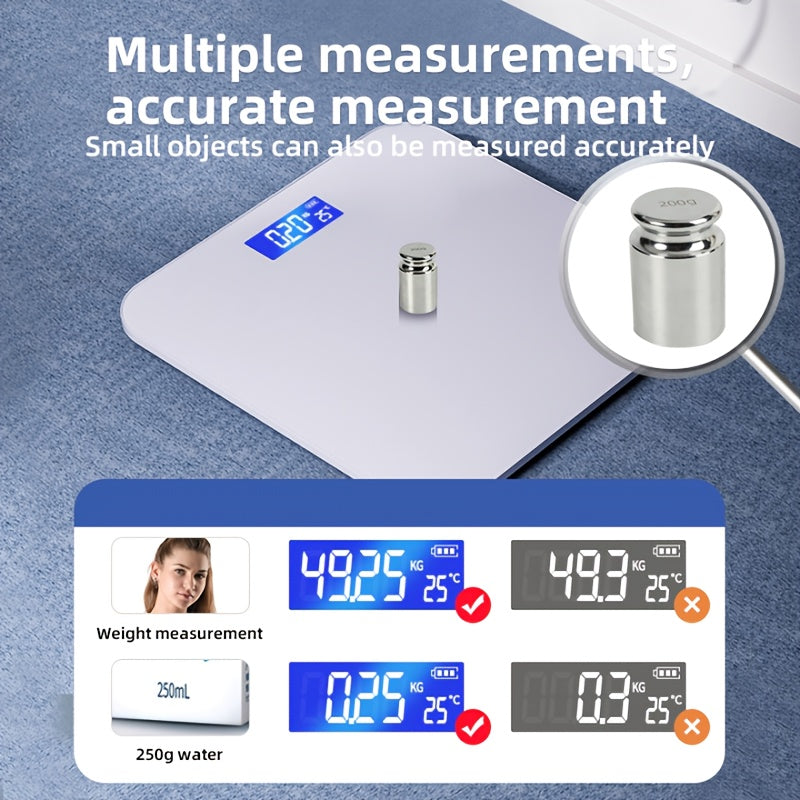 Smart digital bathroom scale with USB rechargeable LCD display, operating voltage ≤36V, lithium polymer battery, max capacity 180kg, power display function.