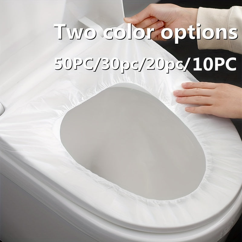 Disposable toilet seat covers in packs of 10, 20, 30, or 50. Individually wrapped with premium elastic strap for portability. Waterproof, stain-proof, and non-slip for travel, home, or potty training. Ideal as a gift for teenagers.