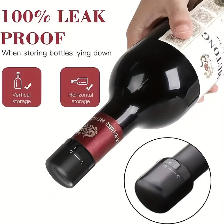 Black rotating wine stopper prevents leaks from red wine bottles, preserves freshness in kitchen and dining.