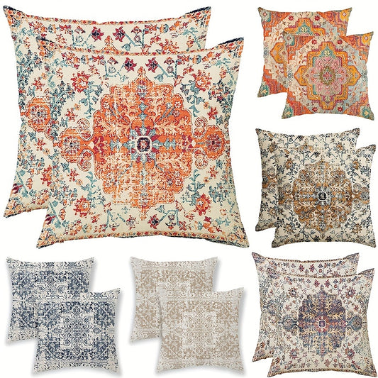 Set of 2 Bohemian Blue Throw Pillow Covers, 45.72x45.72 cm, High-Weight Linen with Vintage Carpet Patterns - Machine Washable, Zip Closure, Polyester Blend for Versatile Home Decor