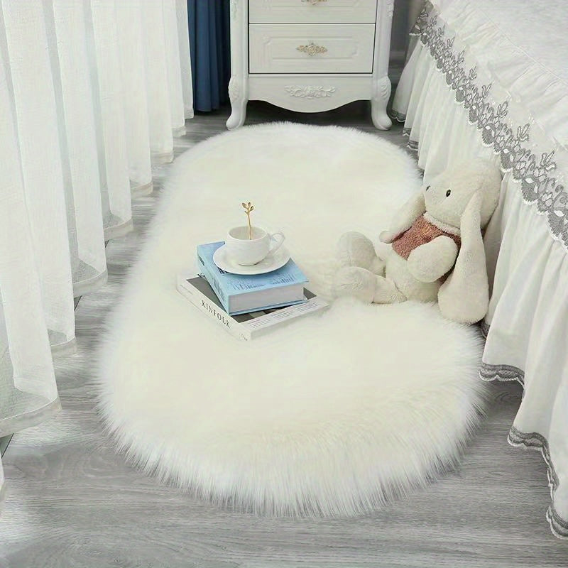 One piece of solid fuzzy oval rug, a contemporary floor carpet perfect for bedrooms.