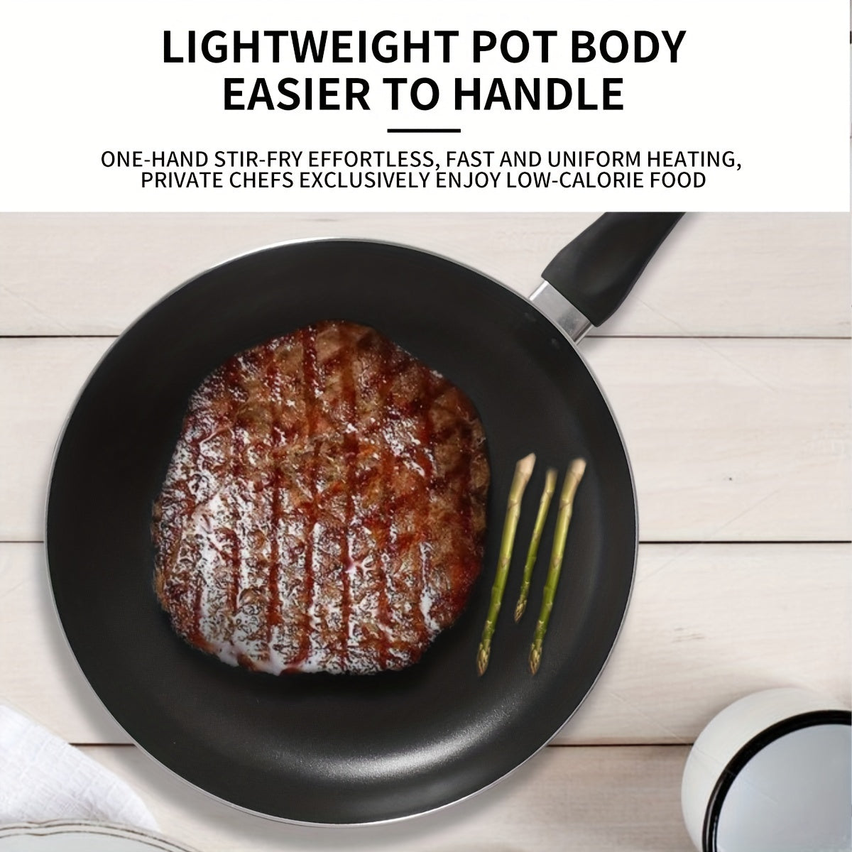 Get the perfect 10.8-inch black aluminum non-stick frying pan for your low-fat cooking needs! This pan is ideal for cooking eggs and steak with its easy grip handle, lightweight design, and scratch-resistant coating. It is compatible with gas, electric